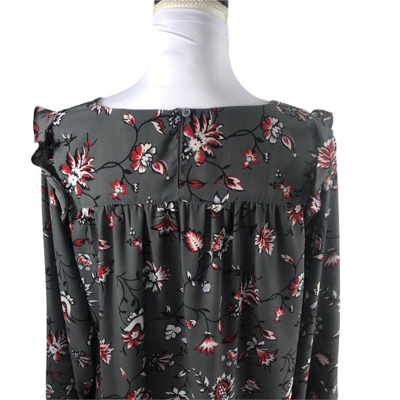 Loft Dark Gray Red Black Floral Long Sleeve Blouse with Ruffles size Medium - Picture 5 of 8